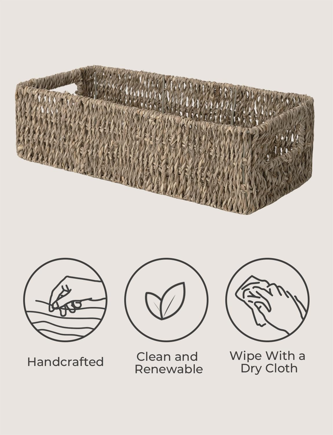 Stylish Seagrass Baskets with Handles - Perfect Bathroom Decor for Toilet Tank Top, 14.25"L x 6.5"W x 3.75"H