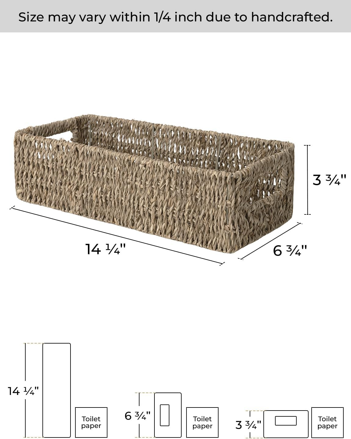 Stylish Seagrass Baskets with Handles - Perfect Bathroom Decor for Toilet Tank Top, 14.25"L x 6.5"W x 3.75"H