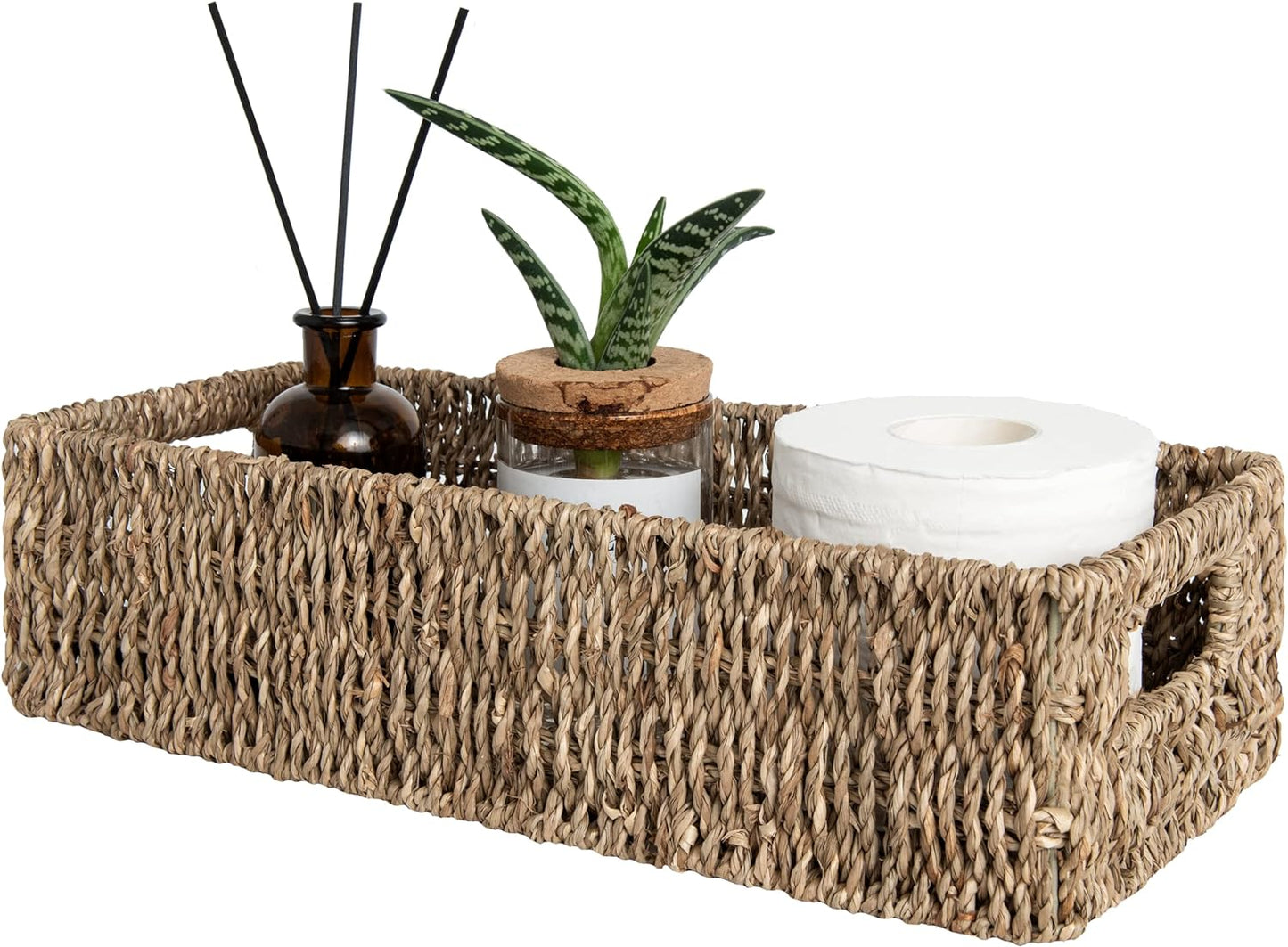 Stylish Seagrass Baskets with Handles - Perfect Bathroom Decor for Toilet Tank Top, 14.25"L x 6.5"W x 3.75"H